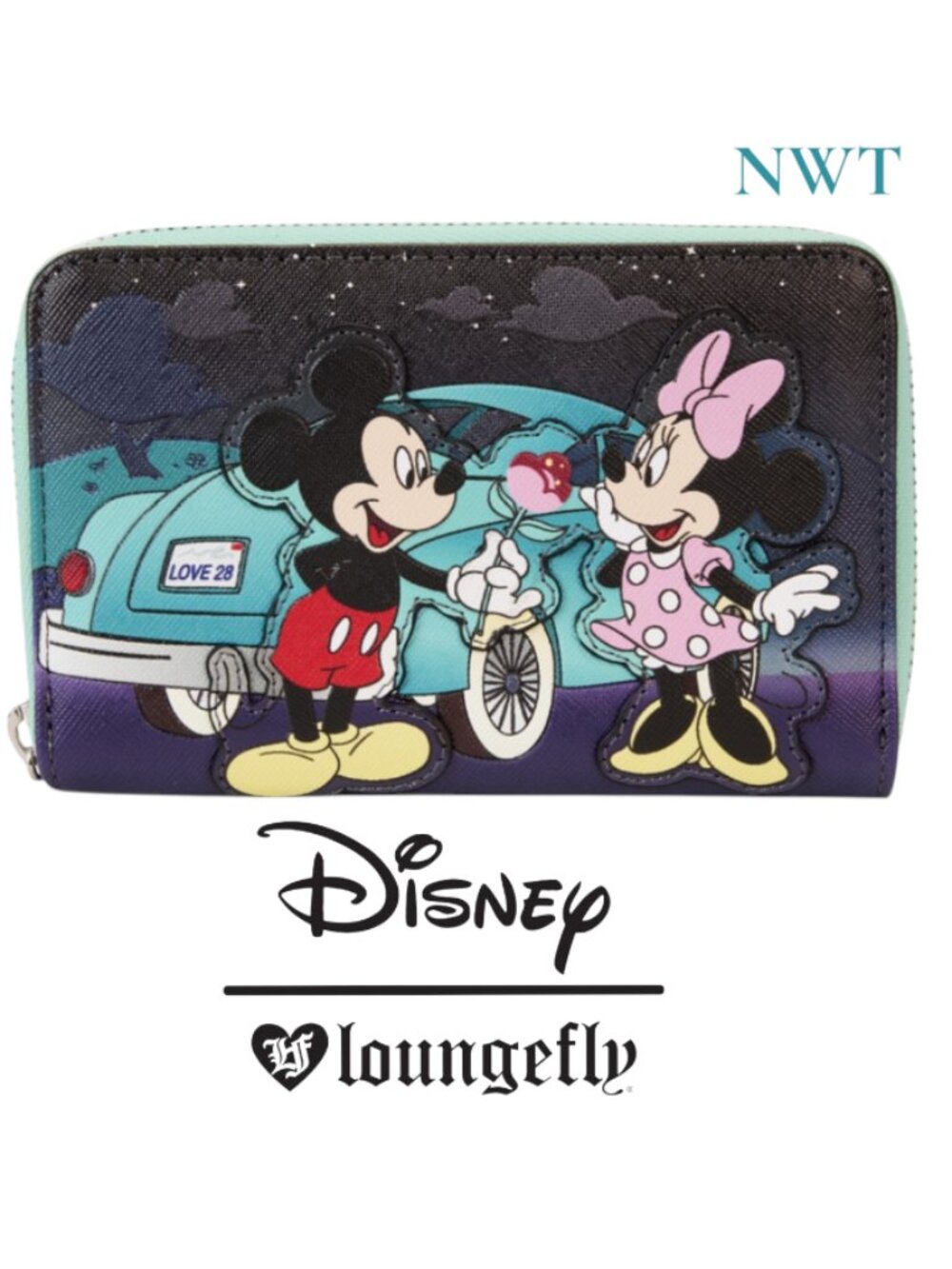 NWT Loungefly Disney Mickey and Minnie Date Night Drive-In Zip Around Wallet